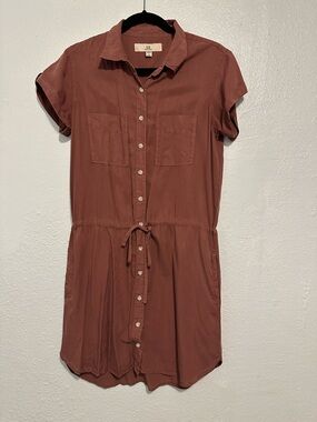 Thread+Supply Short-Sleeve Button Shirt Dress in Rust Brown
